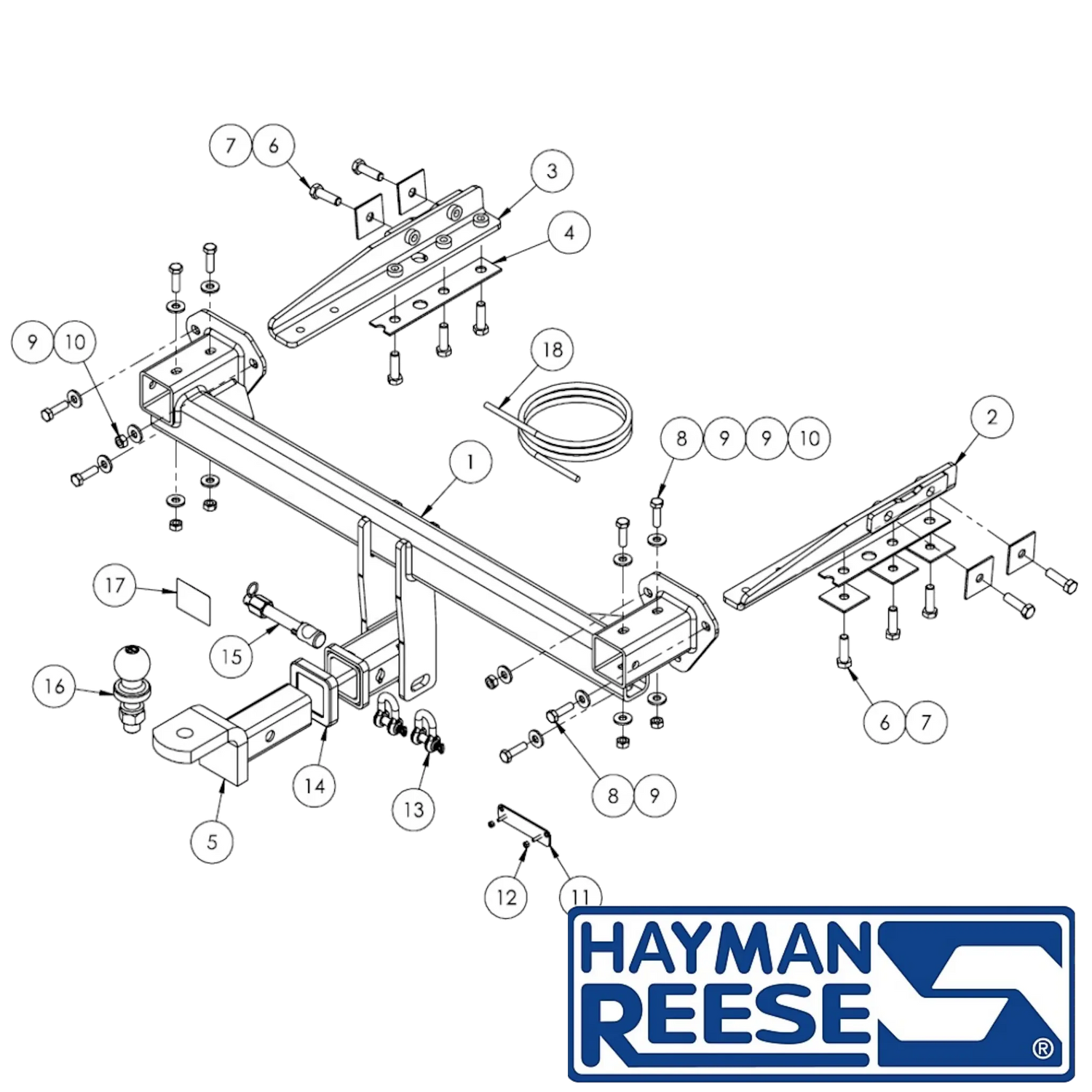 Exploded diagram of 03251RW towbar  and its components with Haymern Reese logo