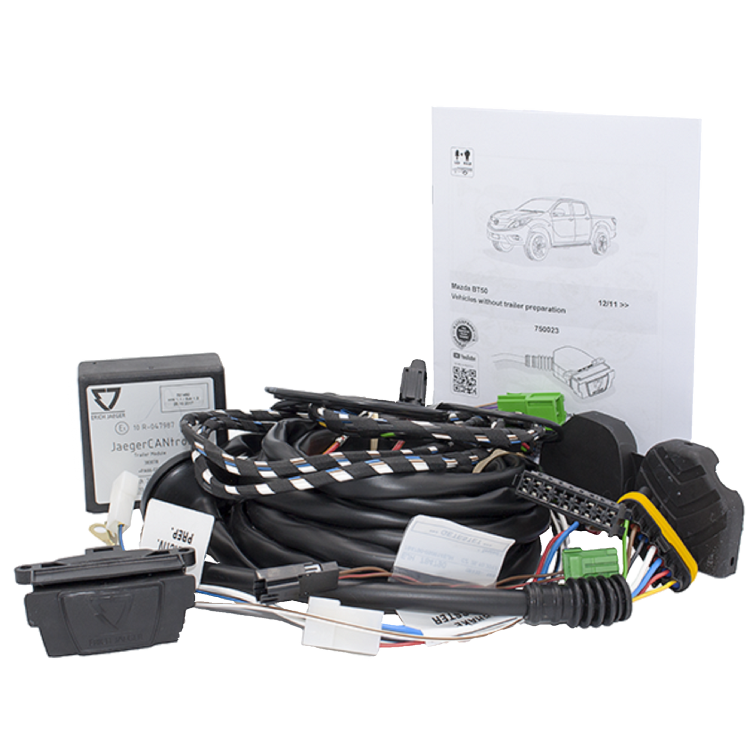 A wiring harness kit including various cables, connectors, and a plug type for vehicle integration.