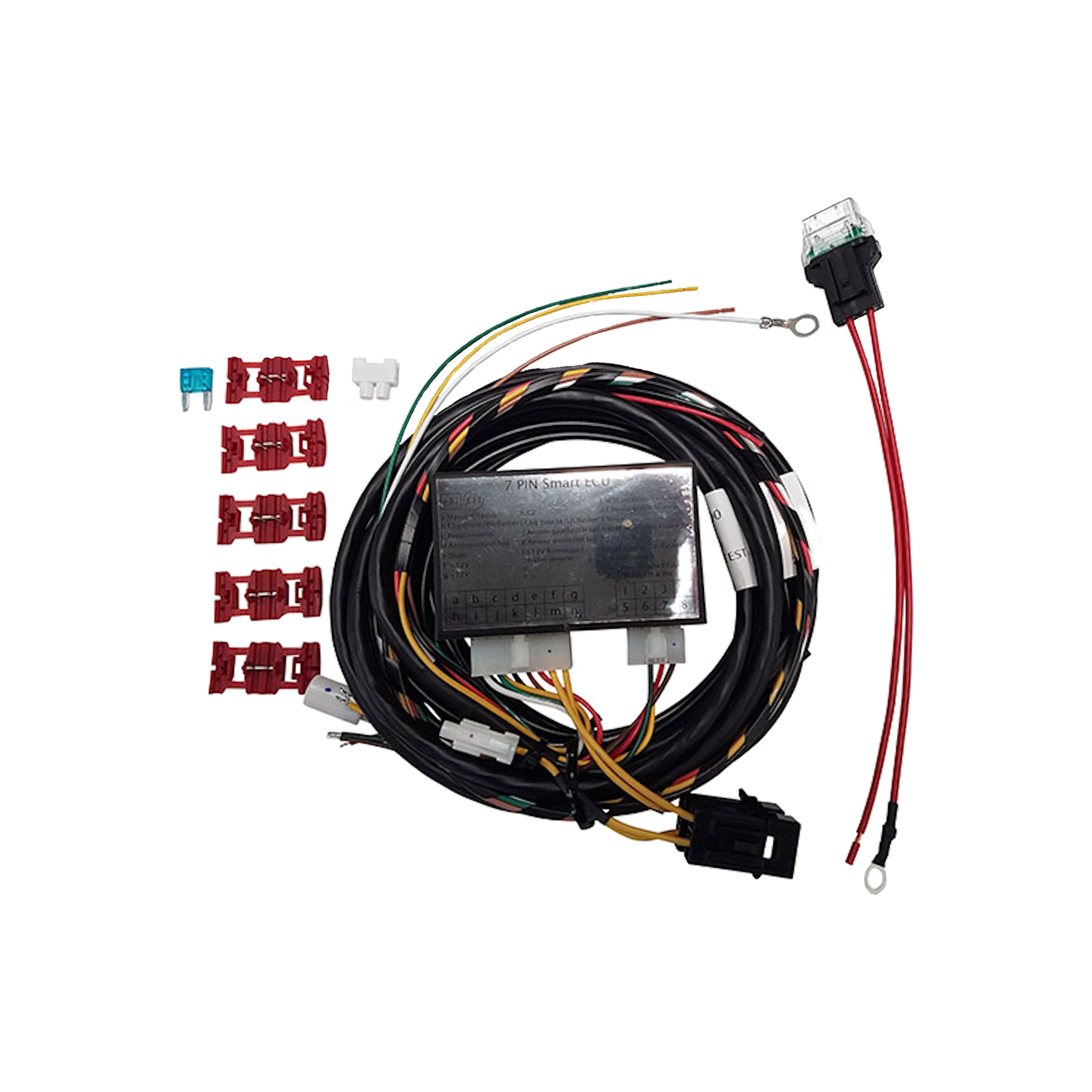 A universal wiring harness kit with a black ECU (Electronic Control Unit) and multicolored wires, including red, yellow, and black, with a white background.