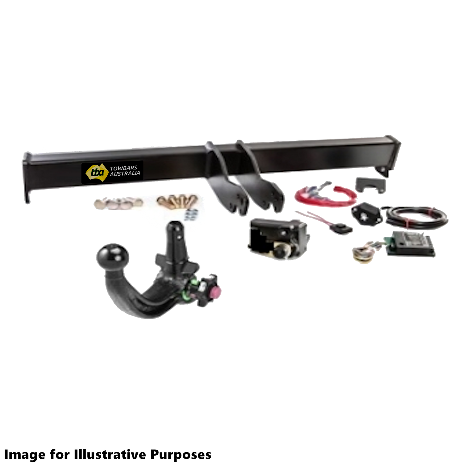 Towing hitch kit with various components on a white background