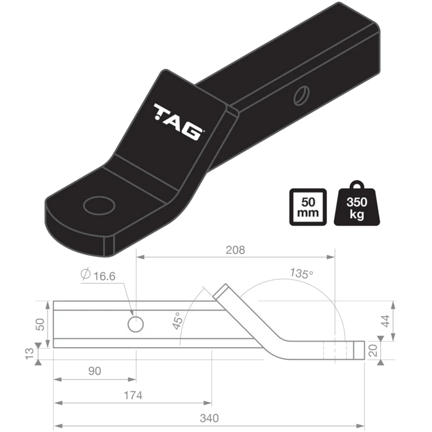 TAG 50m Ballmount - 208mm Long, 44mm Drop, 13mm Rise 135° Face 3500kg