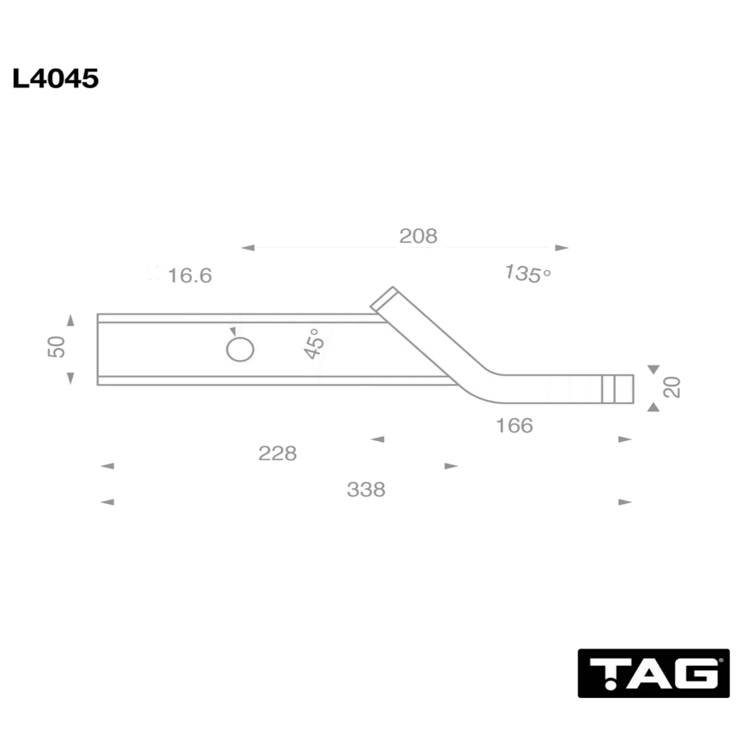 TAG 50m Ballmount - 208mm Long, 44mm Drop, 13mm Rise 135° Face 3500kg