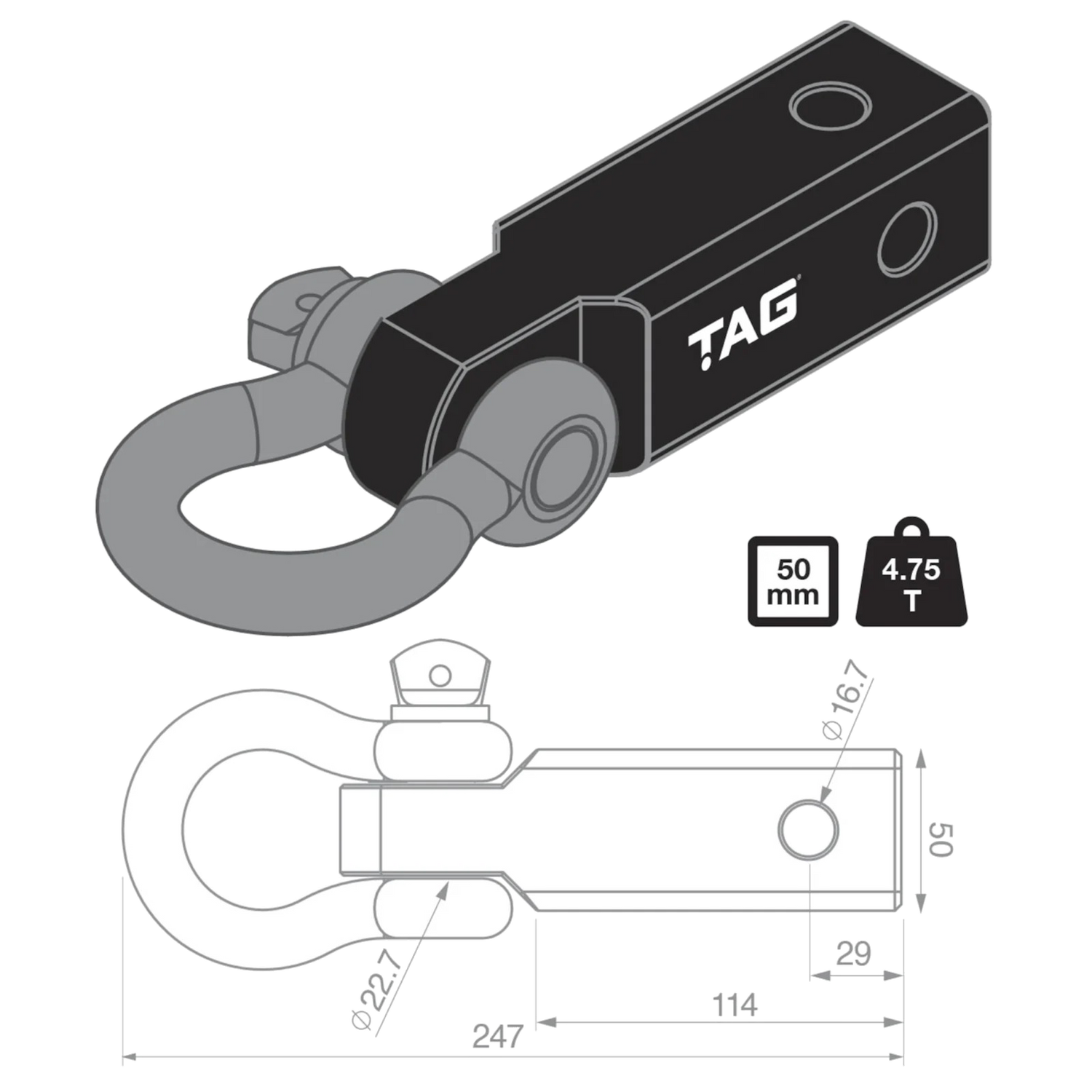 TAG Recovery Hitch - Fixed Bow Shackle (4.75T)