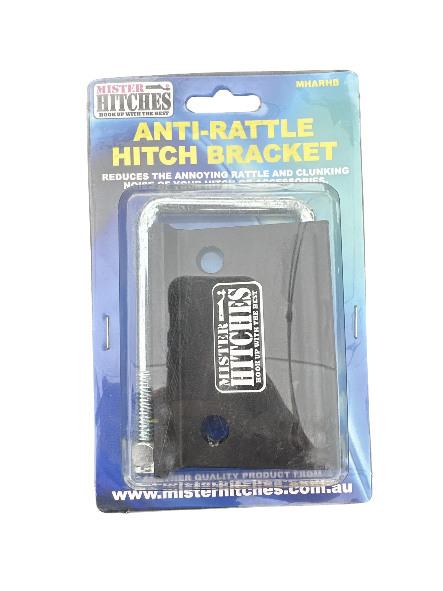 Mister Hitches Anti-rattle hitch bracket in packaging.