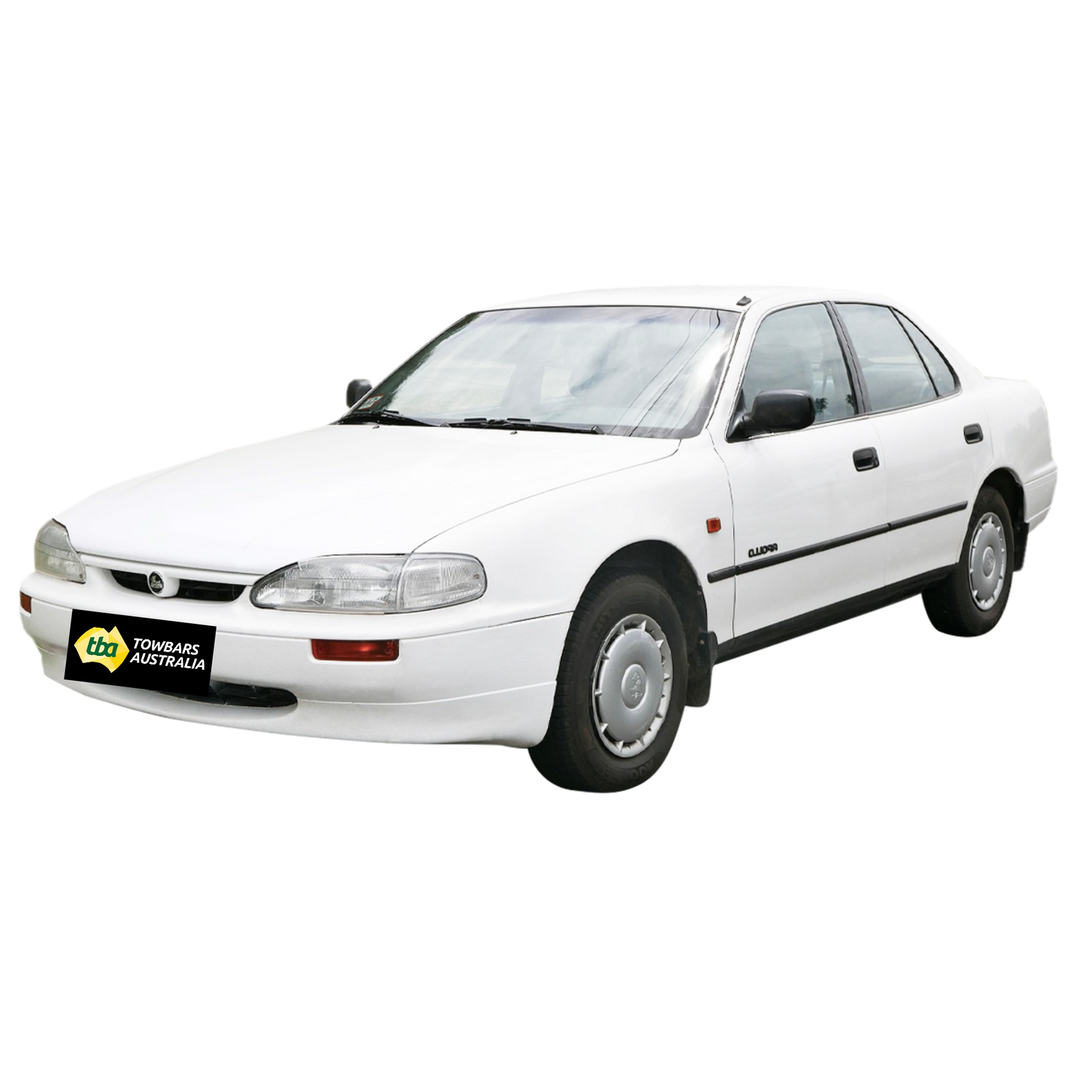 White car on a white background with a Towbars Australia logo.