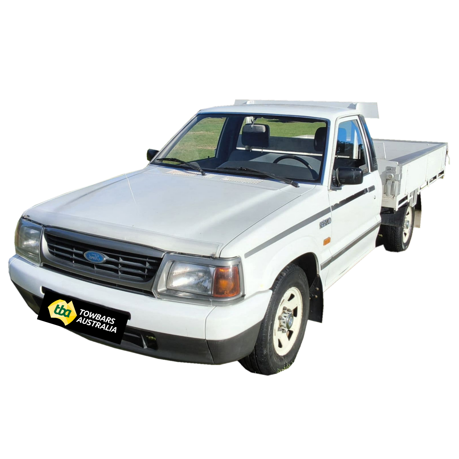 White pickup truck with a flatbed on a white background