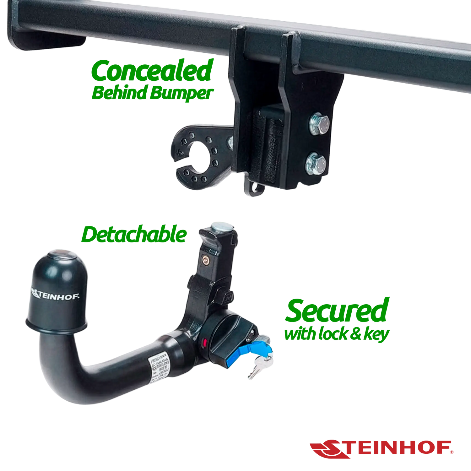Steinhof car trailer hitch with lock and key mechanism on a white background