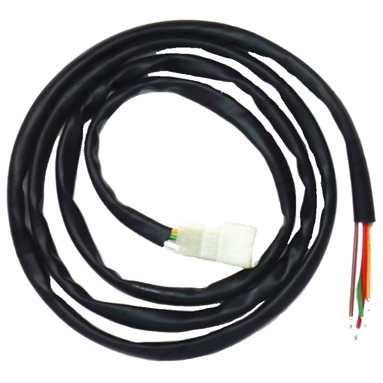 A coiled black wiring harness with a white connector on one end and colored wires on the other, consistent with vehicle electrical systems.