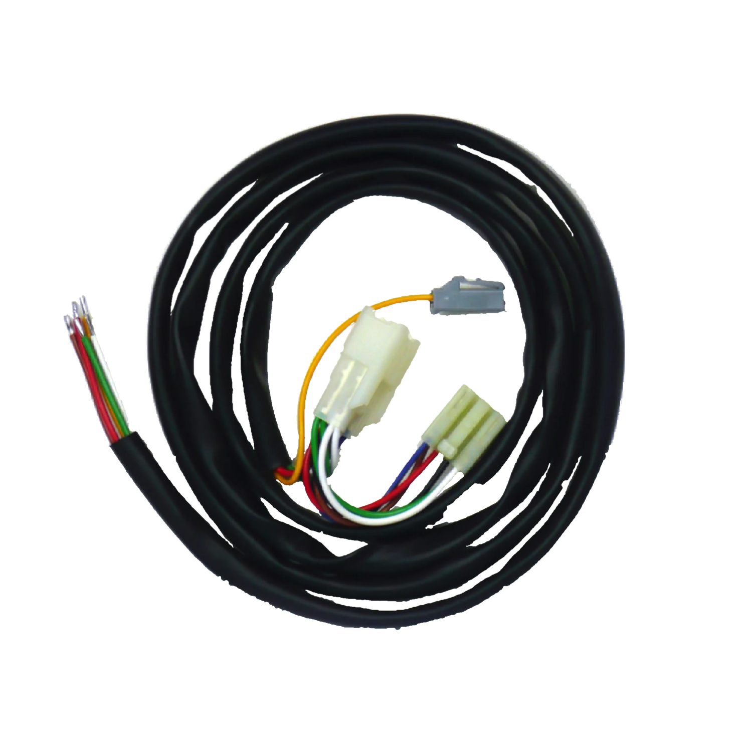 A coiled wiring harness with multiple colored wires connected to a plug.