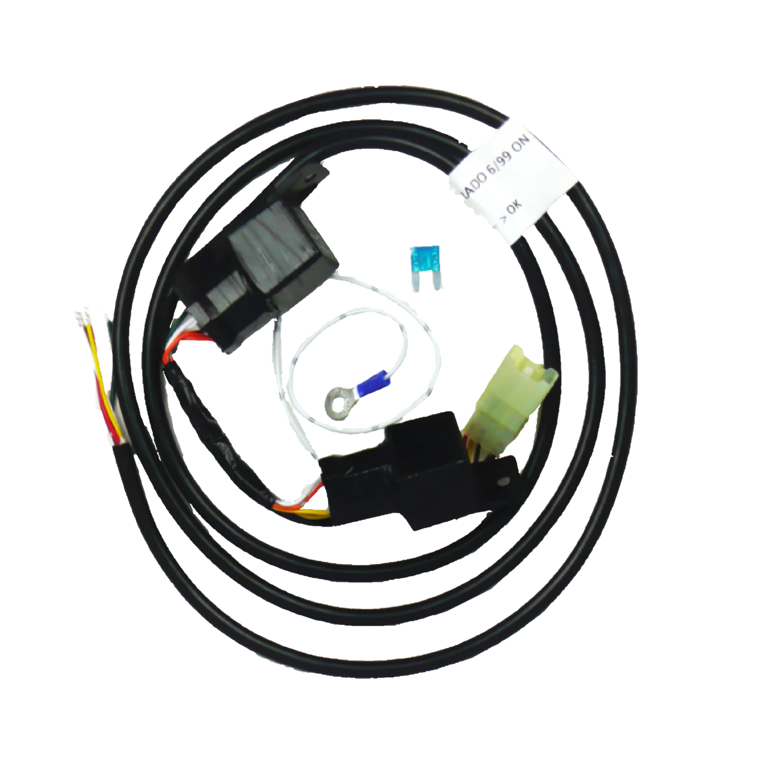A direct fit wiring harness for a Toyota Prado 120 Series SUV, featuring various connectors and plugs.