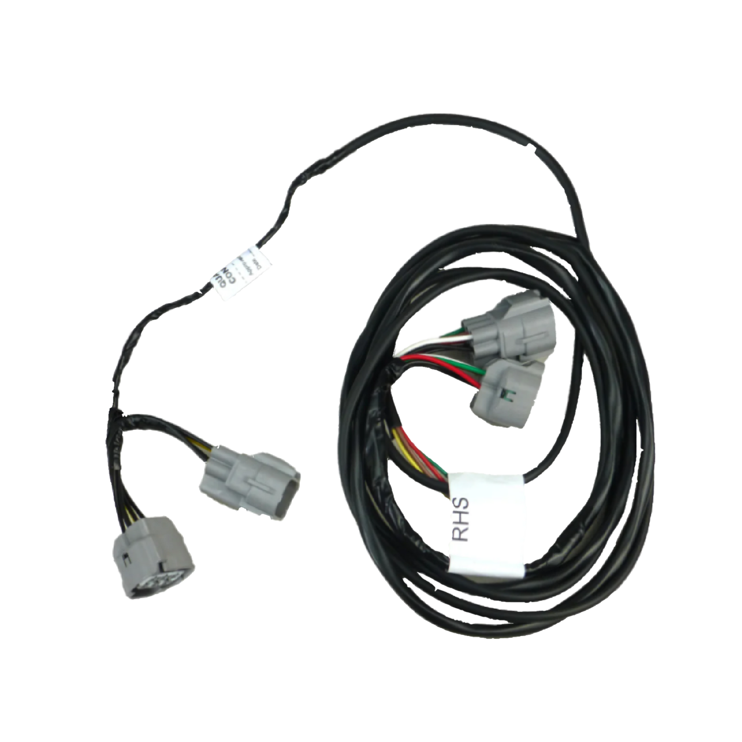 A direct fit wiring harness for a Toyota Hilux Ute, showing black cables and connectors.