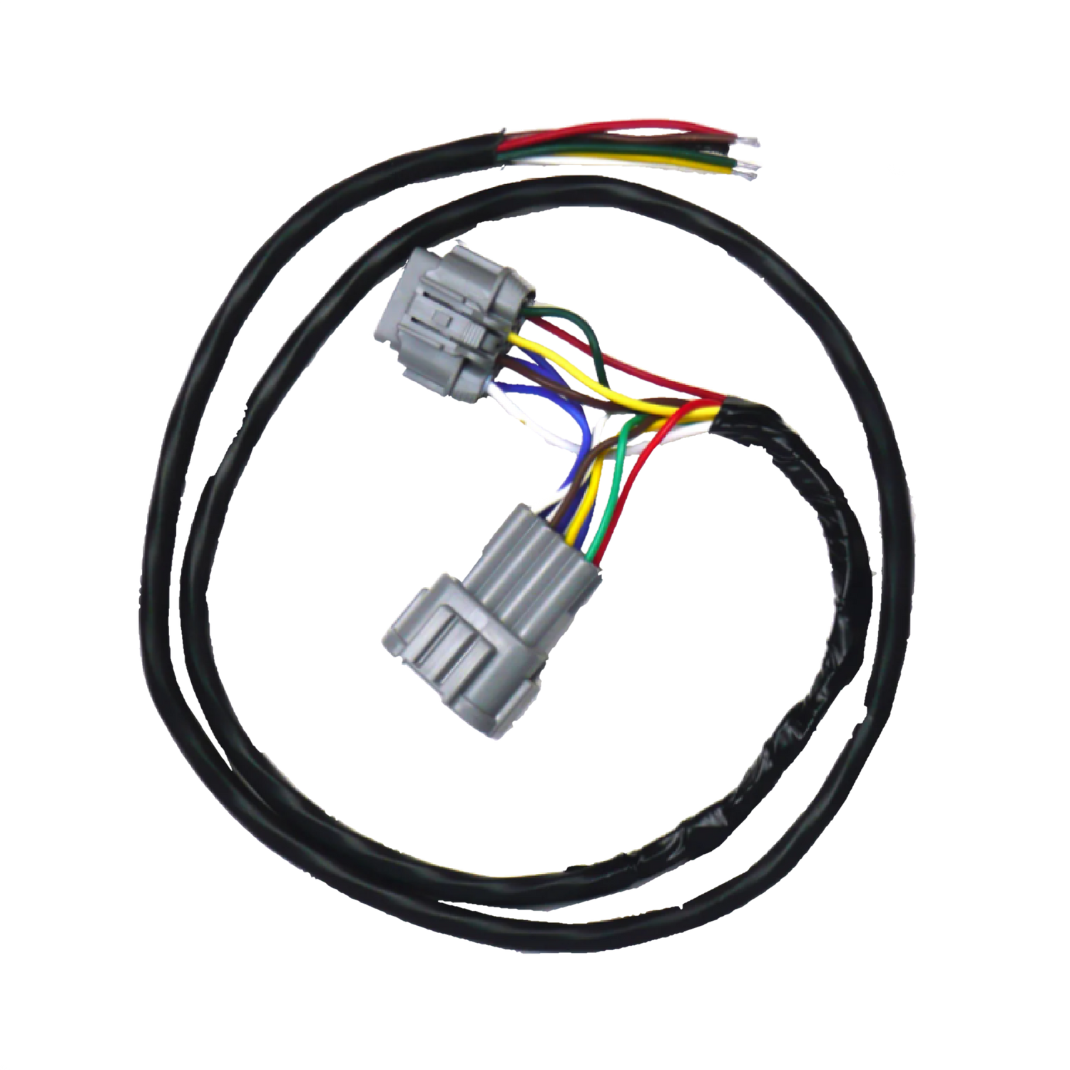 A direct fit wiring harness for a vehicle, featuring a multi-colored wire connector and surrounding black protective sheathing.