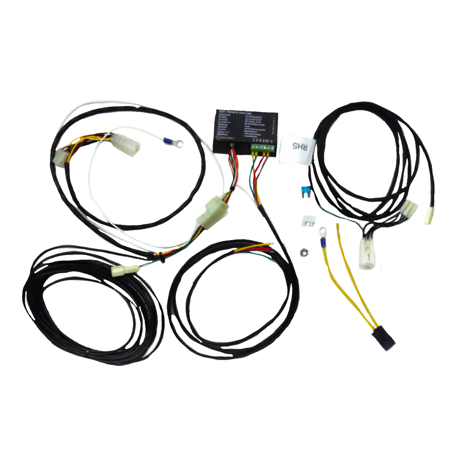 A direct fit wiring harness for a Toyota Rav 4 SUV, including various cables and connectors, against a white background.
