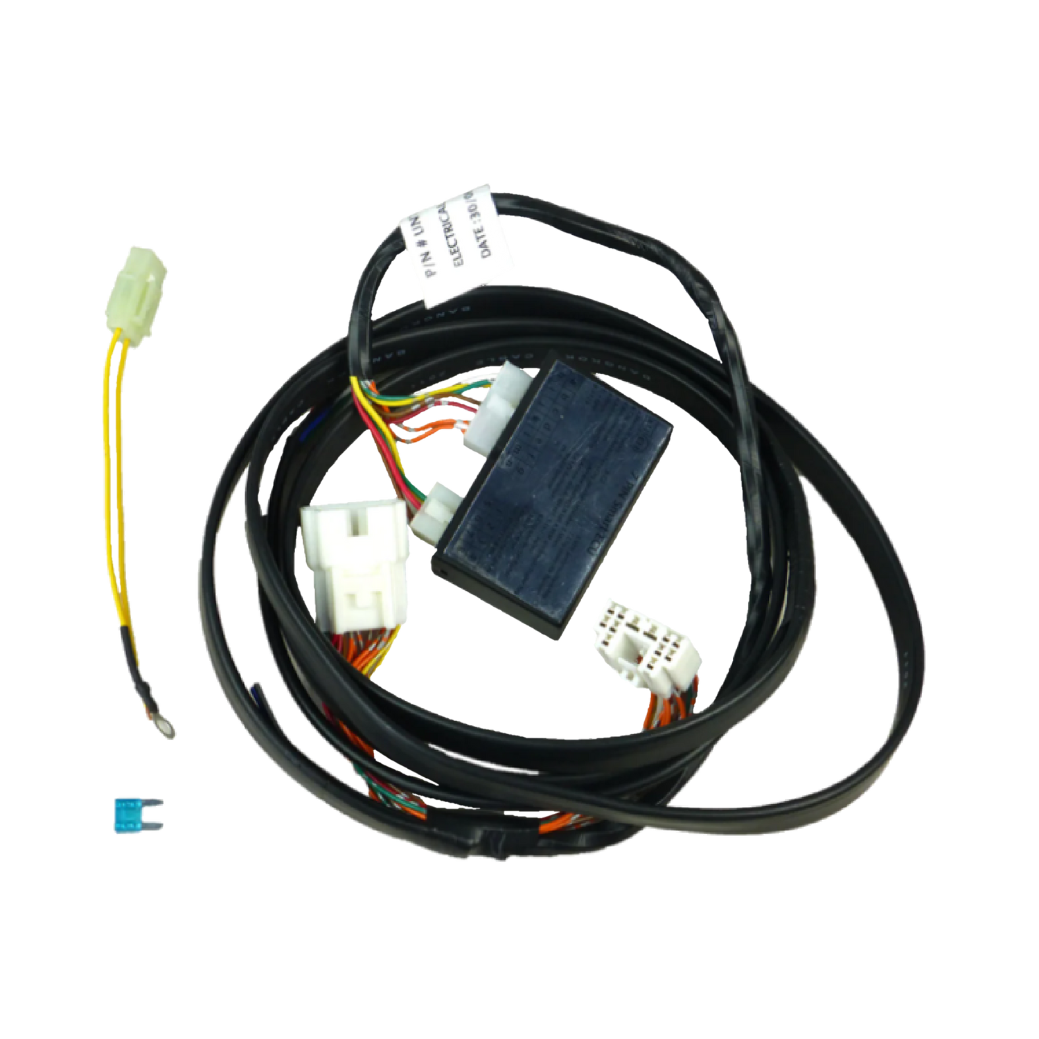 A black wiring harness for a vehicle, including connectors and a module, with a loose plug attached.