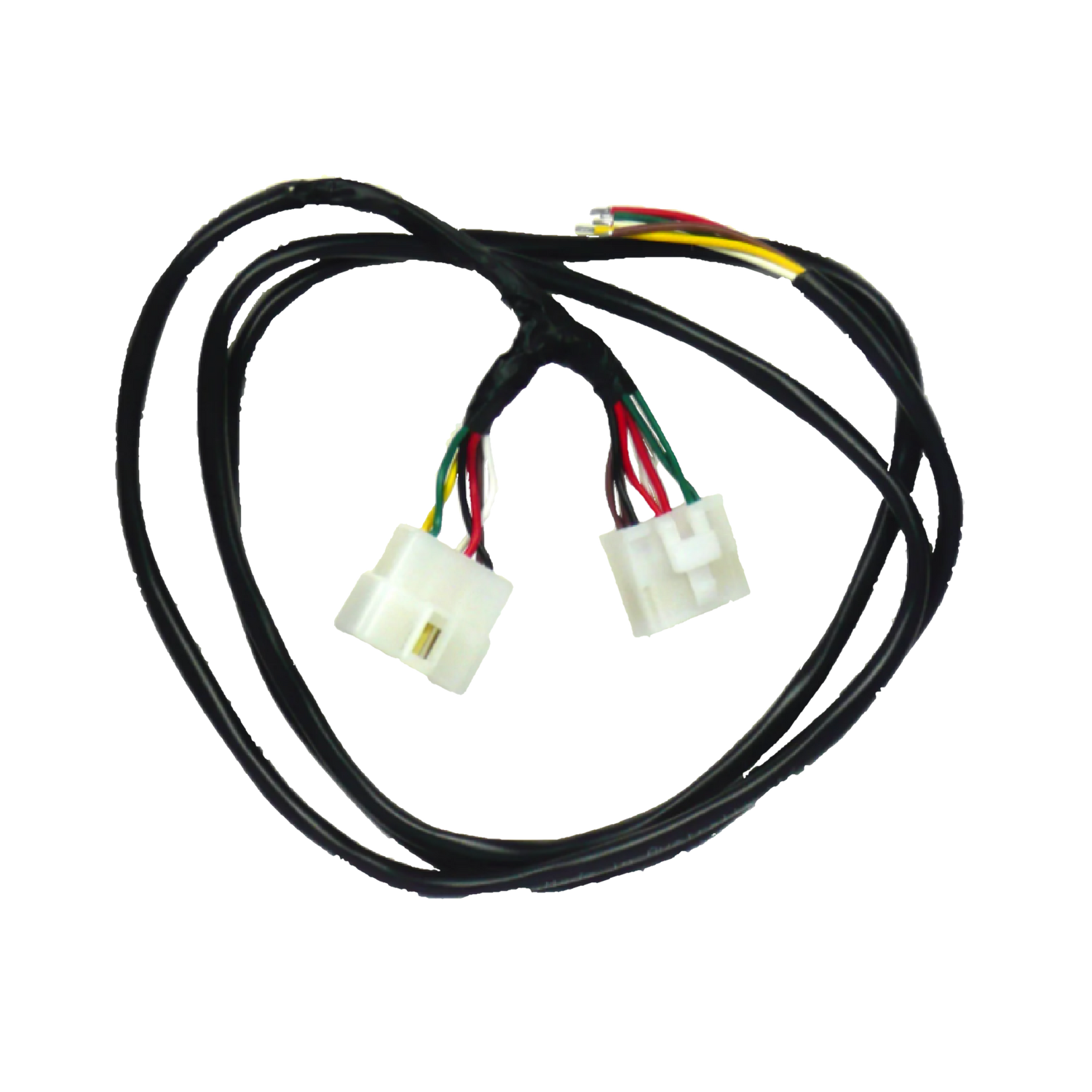 A direct fit wiring harness for a Ford Falcon FG Sedan, featuring two white connector plugs on the ends, surrounded by black insulation with visible colored wires.