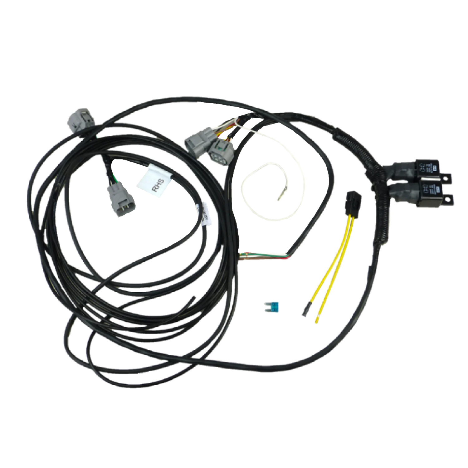 A direct fit wiring harness for Toyota Hilux Trayback, including various connectors and wiring, against a white background.