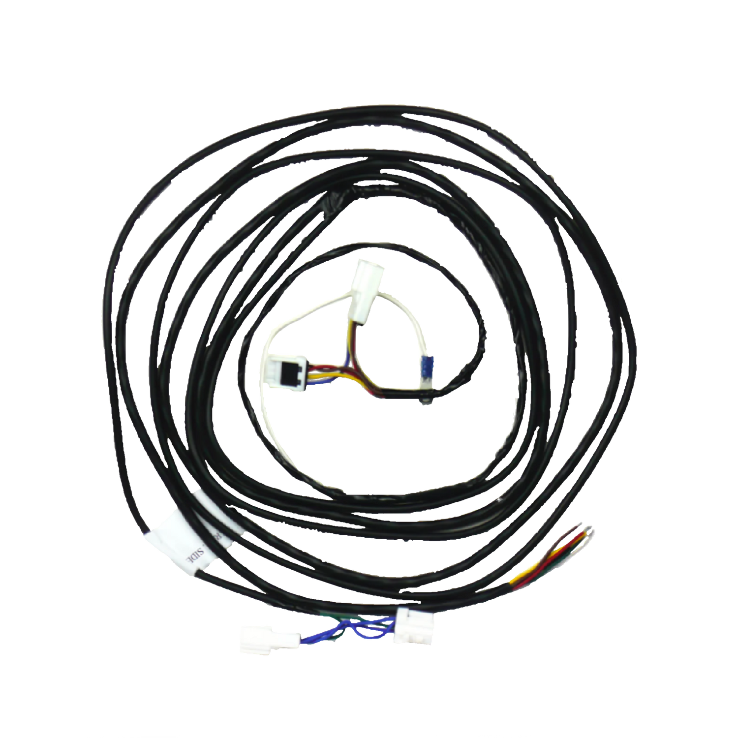 A coiled black wiring harness with white connectors.