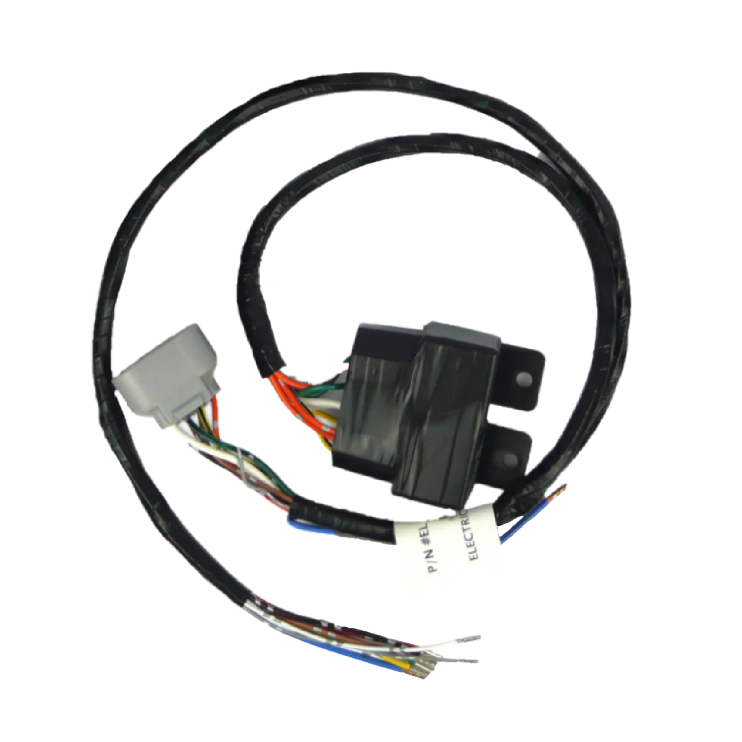 A black wiring harness with various connectors and a plug, designed for vehicle electrical systems.