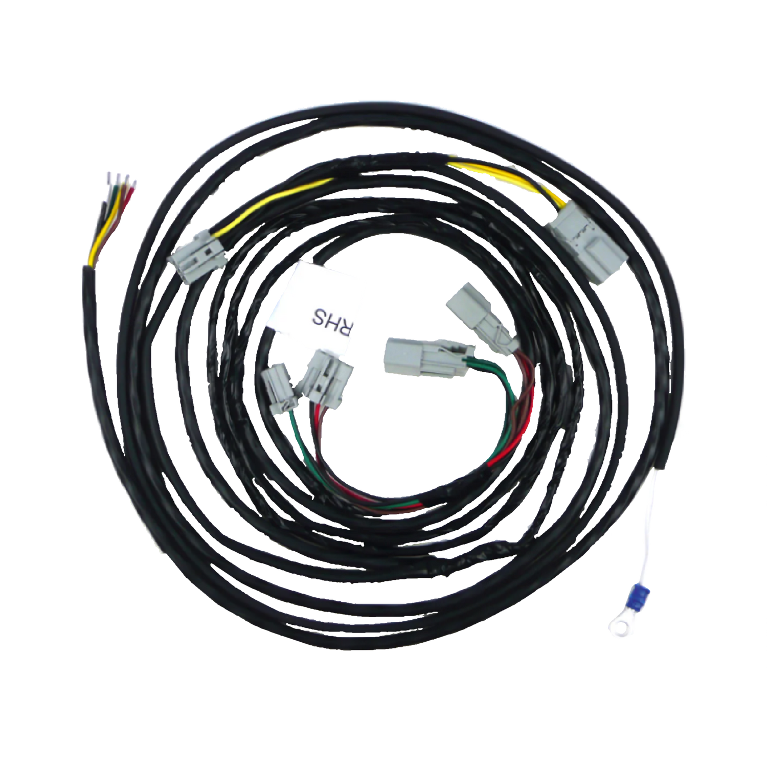 A coiled wiring harness with various colored connectors, designed for use in a Mazda 3 BL Sedan.