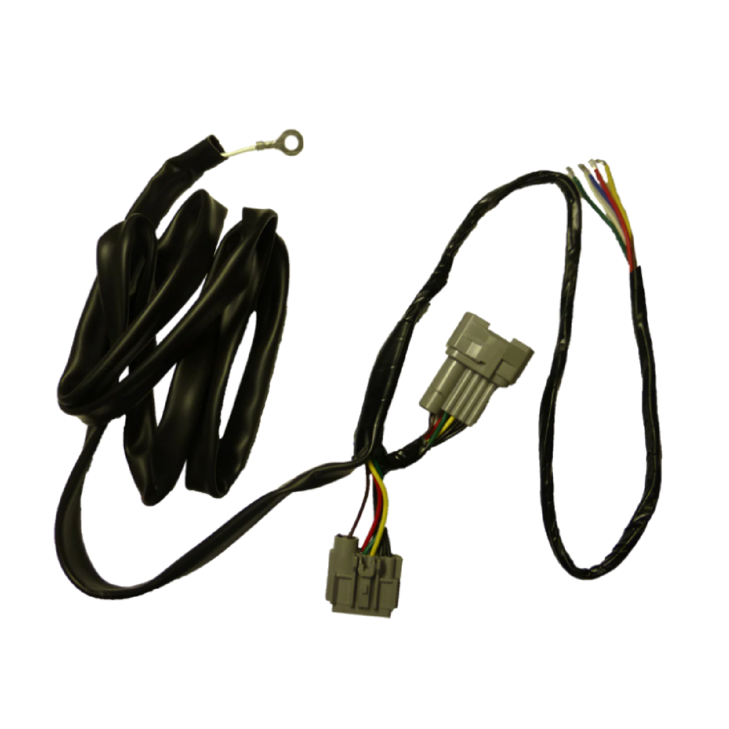A black direct fit wiring harness for Nissan Navara D40 Ute.