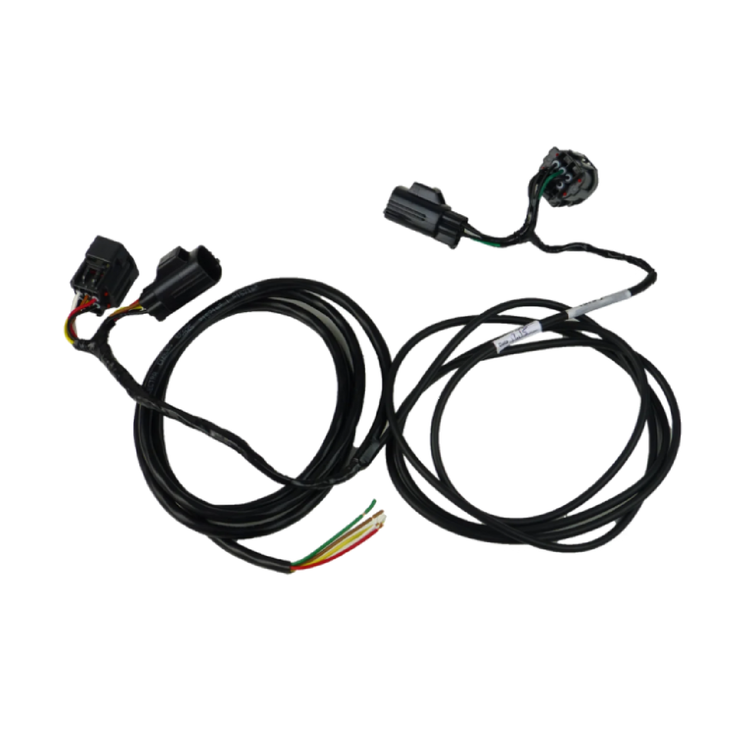 A direct fit wiring harness for a Jeep Wrangler SUV, including trailer connection plug, depicted against a plain background.