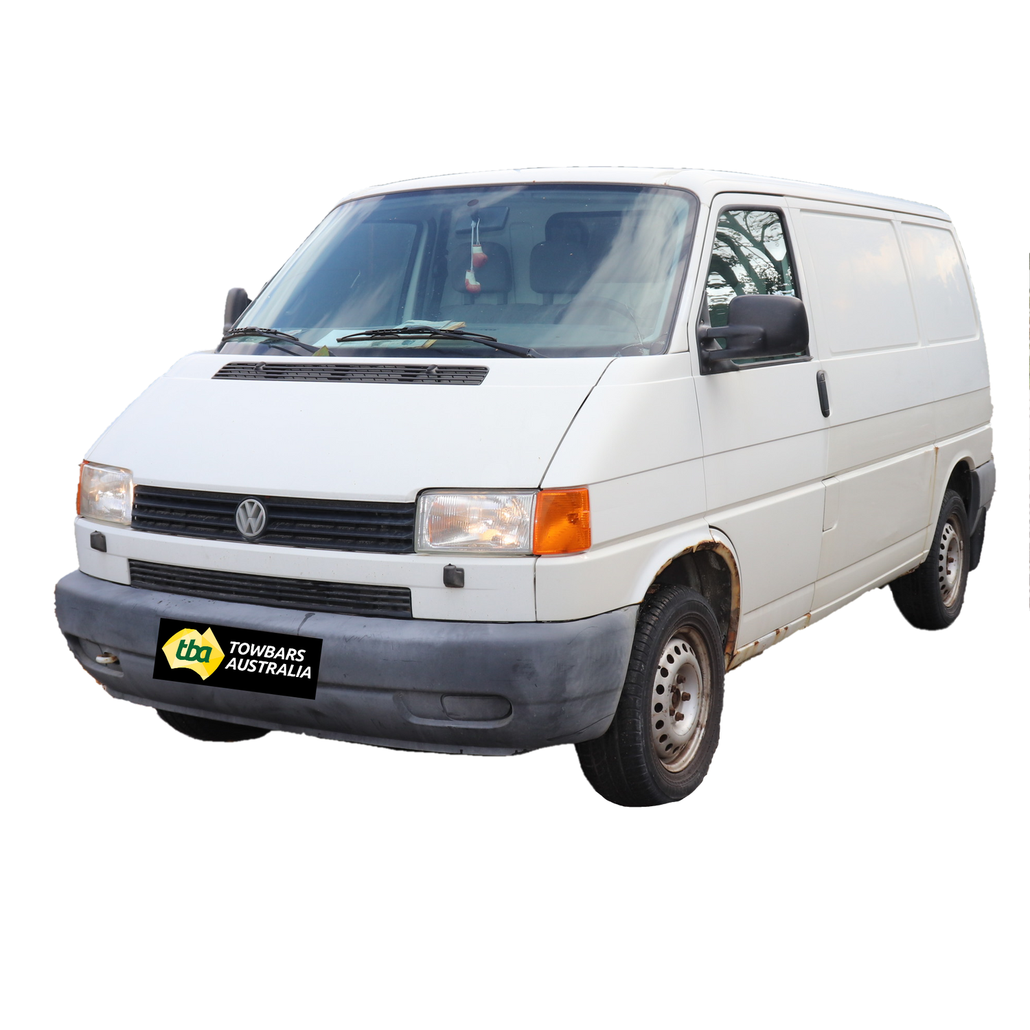 White van with a visible brand logo on a white background