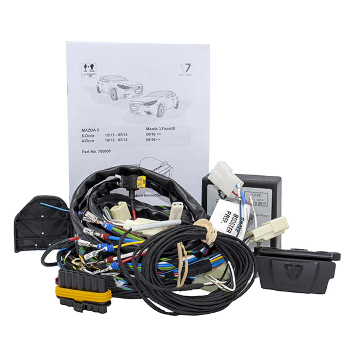 A wiring harness for Mazda 3 vehicles, including a manual with diagrams and various connectors.
